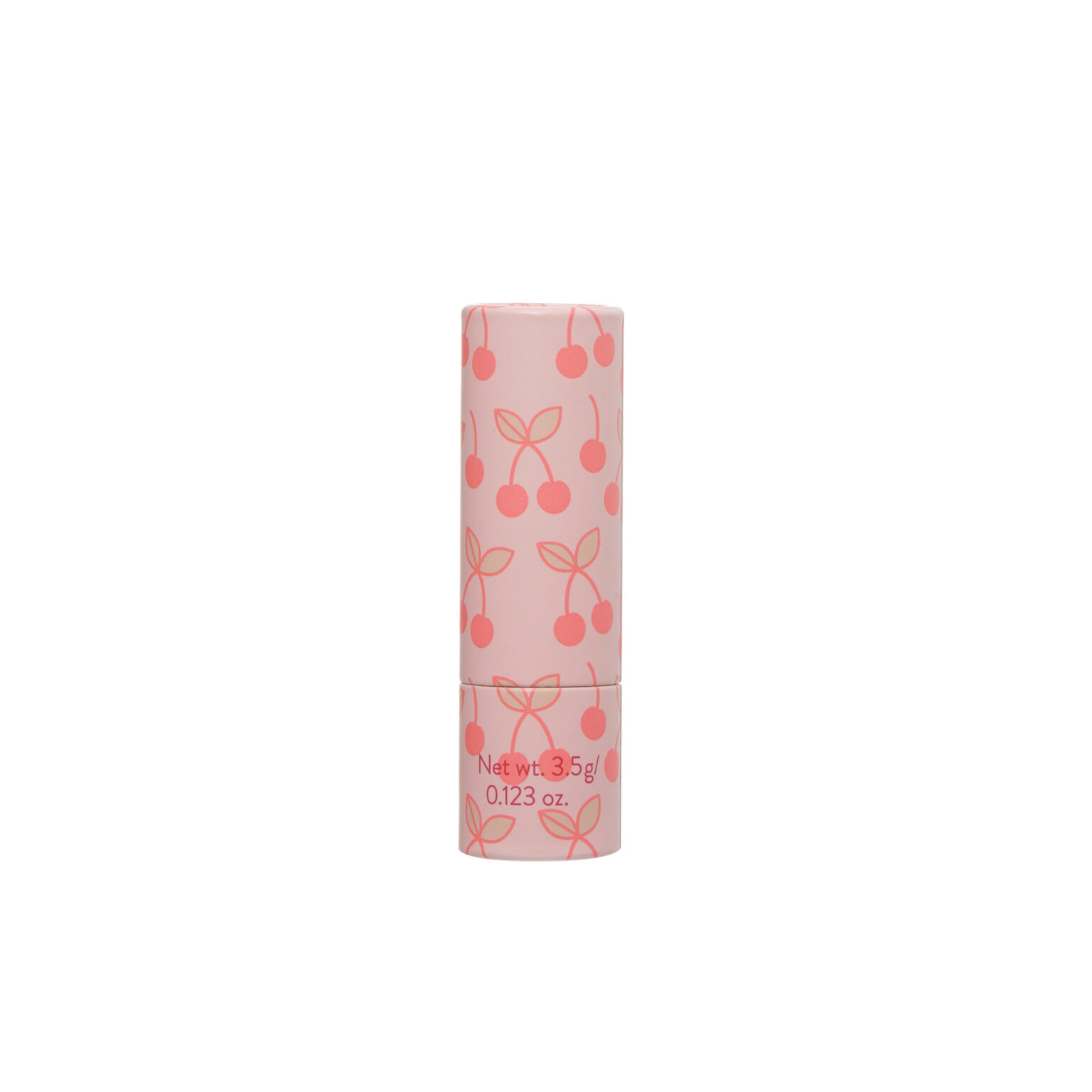 A lip balm stick with red cherry pattern.