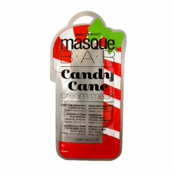 Candy cane face mask in red and white striped packet.