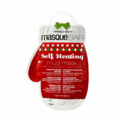 Self heating mud face mask. Packet is in the shape of a red and white mitten.