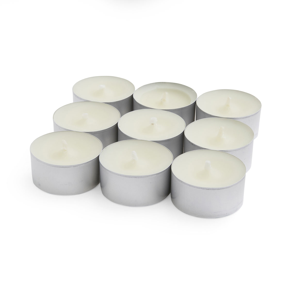 Nine white tea lights in a square.