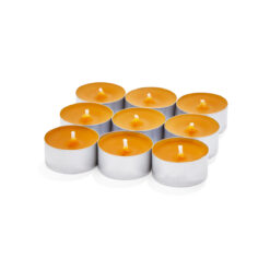 Nine orange tea light candles which are scented with pumpkin spice,