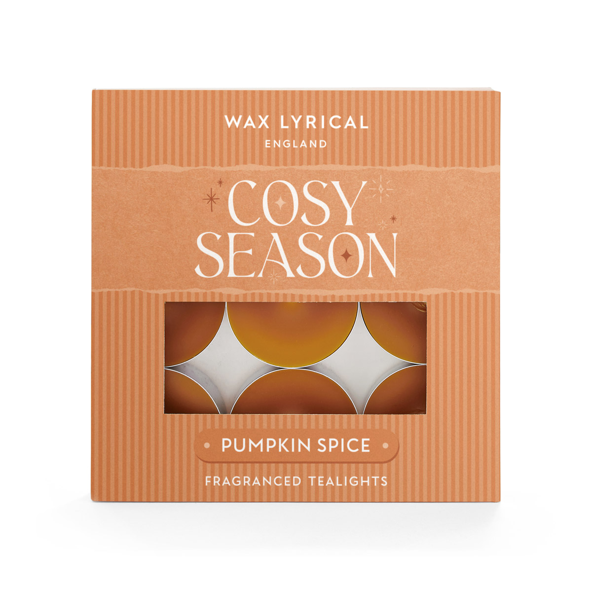 Box of nine Pumpkin Spice scented tea light candles.