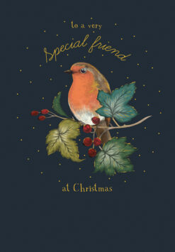 A charming Christmas card featuring a robin perched on a leafy branch with red berries, set against a rich blue background with golden stars. A warm message for a special friend adds a heartfelt touch to this elegant design.