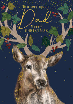 hristmas card featuring a realistic deer with antlers decorated with leaves and berries, set against a deep blue background with golden speckles. Includes the message “To a very special Dad Merry Christmas” in elegant gold and red text.