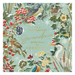 Festive Christmas card for Grandma featuring robins, bluebirds, and a heron among holly, pinecones, and winter flowers on a soft green background with snowflakes