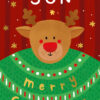 Christmas card featuring a cartoon reindeer with a red nose and antlers, wearing a green patterned jumper. Set against a red striped background with yellow stars, with the message “Son Merry Christmas” in playful script.