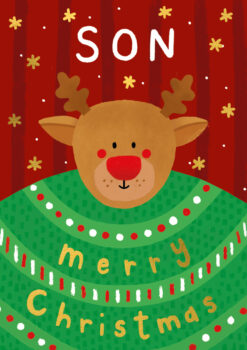 Christmas card featuring a cartoon reindeer with a red nose and antlers, wearing a green patterned jumper. Set against a red striped background with yellow stars, with the message “Son Merry Christmas” in playful script.