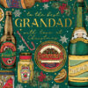 Christmas card with a deep green background featuring festive food and drink illustrations—spiced ale, Camembert, roast turkey, chocolate, and more—surrounded by holly and snowflakes. Includes the message “To the best Grandad with love at Christmas” in elegant script.
