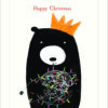 Christmas card featuring a black bear wearing an orange crown, tangled in colourful fairy lights, with 'Happy Christmas' in red text above on a clean white background.