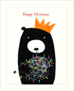 Christmas card featuring a black bear wearing an orange crown, tangled in colourful fairy lights, with 'Happy Christmas' in red text above on a clean white background.