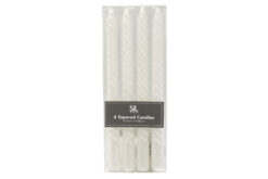 A pack of 4 white, twisted dinner candles.