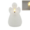A white angel holding an LED light resembling a candle flame.