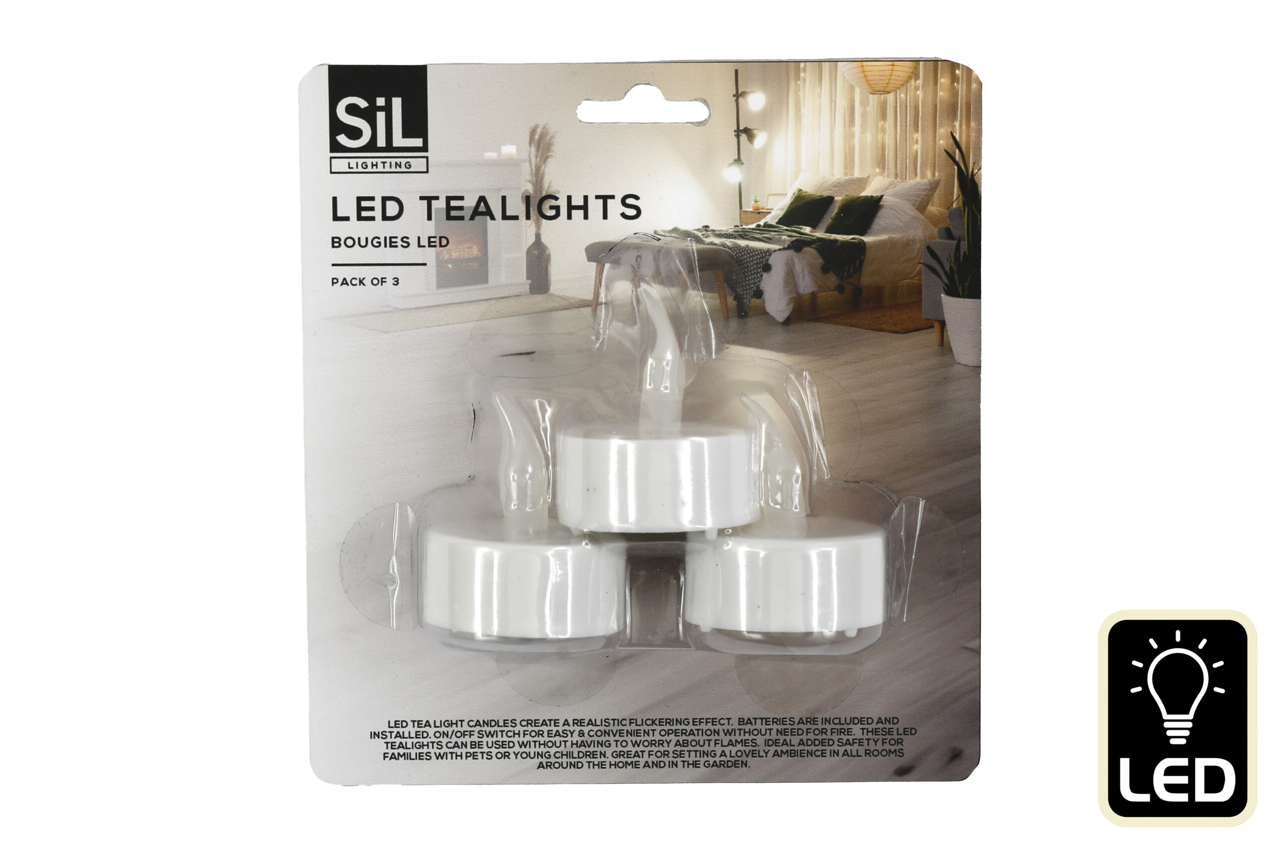 A pack of three LED tea lights.