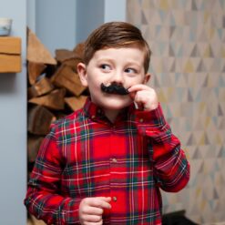 A young child holds a stick on moustache up to his face. He has a mischievous look on his face.