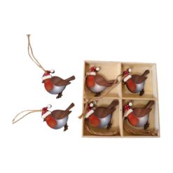 A wooden box containing eight wooden robin hanging decorations.