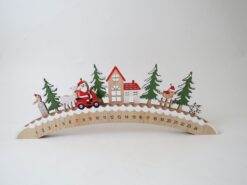 A wooden arched advent scene featuring Santa on a moped to count down the days to Christmas.