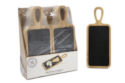 A cheese board with slate tray and bamboo handle and sides.