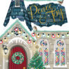 Christmas card featuring a snow-covered cut-out chapel with a red door, green wreath, stained glass windows, and festive string lights. A decorated tree and perched birds add charm, with 'Peace & Joy' written above in elegant gold script.