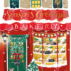 Christmas card showing a bakery storefront decorated with wreaths, garlands, and lights. The window displays festive treats like mince pies and gingerbread, with a red 'Season’s Greetings' sign above and a green door with a wreath and bow.