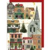 A Christmas card featuring a snowy festive town with a church and a Christmas tree in the centre.