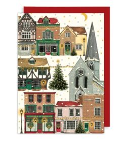 A Christmas card featuring a snowy festive town with a church and a Christmas tree in the centre.