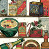 Christmas card featuring vintage-style packaging of festive food and drink, including tins of mince pies, cocoa, ginger biscuits, and jars of mixed spice and mint sauce. Holly and berries accent the scene, with 'MERRY FEASTMAS' in gold lettering above.