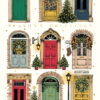 Christmas card featuring nine uniquely decorated doors in various colours and styles, each adorned with festive wreaths, garlands, lights, and stockings. Some doors are flanked by Christmas trees and lanterns. Gold text reading 'SEASON’S GREETINGS' appears across the centre.