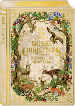 Book-shaped Christmas card featuring a woodland scene with deer, fox, owls, rabbit, and birds surrounded by trees, snowflakes, and gold detailing. Includes the message “Hope You Have a Novel Christmas & a Magical New Year”.