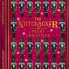 Book-shaped Christmas card featuring rows of traditional nutcracker soldiers in red and gold uniforms, surrounded by snowflakes on a rich red background with ornate gold detailing.