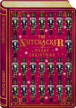 Book-shaped Christmas card featuring rows of traditional nutcracker soldiers in red and gold uniforms, surrounded by snowflakes on a rich red background with ornate gold detailing.