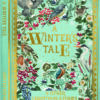 ook-shaped Christmas card with “A Winter’s Tale & Other Christmas Stories” in red and gold lettering, surrounded by birds, berries, pinecones, and snowflakes on a light blue background with ornate gold detailing.