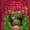 Book-shaped Christmas card with “‘Twas the Night Before Christmas” in ornate gold lettering, featuring a cosy fireplace scene with stockings, garlands, and festive decorations on a rich red background.