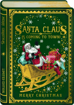 Book-shaped Christmas card featuring Santa Claus waving from a golden sleigh filled with presents, set against a rich green background with snowflakes and ornate gold detailing.