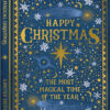 Book-shaped Christmas card with a starry night sky, embossed gold caption reading “Happy Christmas, the most magical time of the year,” finished with die-cut edges and gold foil.
