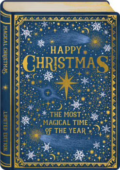 Book-shaped Christmas card with a starry night sky, embossed gold caption reading “Happy Christmas, the most magical time of the year,” finished with die-cut edges and gold foil.