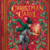 Festive book-shaped Christmas card featuring Ebenezer Scrooge in Victorian attire, holding a candle, with red background, holly, snowflakes, and gold “Bah Humbug!” lettering