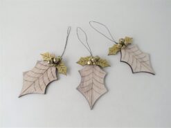 Wooden holly shaped decoration with gold leaves and bells. The decoration has a string hanging loop.