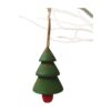A wooden tree hanging decoration. The tree is green and sits in a red pot. It has a hanging loop attached.