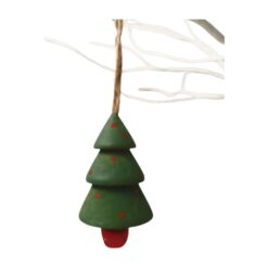 A wooden tree hanging decoration. The tree is green and sits in a red pot. It has a hanging loop attached.
