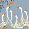 Christmas card featuring six white geese wearing golden crowns, standing in a row against a snowy light blue background with stars and snowflakes. Decorative gold, blue, and white patterns adorn their feathers. Above them, 'merry CHRISTMAS' is written in gold, with holly, red berries, and golden eggs below.