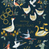 Christmas card featuring illustrated depictions of all 12 gifts from the '12 Days of Christmas' carol, including a partridge in a pear tree, turtle doves, French hens, golden rings, and more. Set against a dark background with gold, red, green, and white accents, and 'merry CHRISTMAS' in elegant central lettering.
