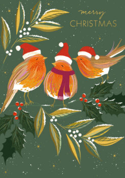 Christmas card featuring three robins wearing red Santa hats and one with a red scarf, perched among holly and mistletoe with red and white berries. Golden stars scatter across a muted green background, with 'merry CHRISTMAS' in elegant script in the top right corner.