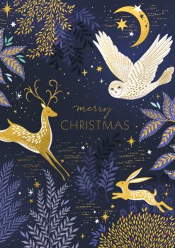 Christmas card with a dark blue background featuring gold and white woodland creatures including a reindeer, owl, and hare, surrounded by stars, moon, and decorative foliage. Elegant gold text reading 'merry CHRISTMAS' appears in the centre.