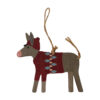 A flat, wooden donkey decoration, wearing a Christmas jumper and woolly hat. The donkey has a string tail and hanging loop.