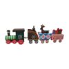 A small wooden train set with locomotive and three carriages which are brightly coloured and feature Christmas characters and motifs.