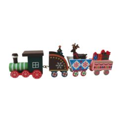 A small wooden train set with locomotive and three carriages which are brightly coloured and feature Christmas characters and motifs.