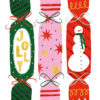 Christmas card featuring three colourful crackers, including a green cracker with 'JOLLY' in gold, a pink cracker with starbursts, and a red cracker with a snowman, all tied with red, green and silver ribbons.