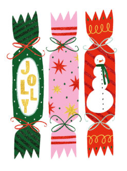 Christmas card featuring three colourful crackers, including a green cracker with 'JOLLY' in gold, a pink cracker with starbursts, and a red cracker with a snowman, all tied with red, green and silver ribbons.