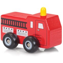 A small red wooden fire truck push along toy.
