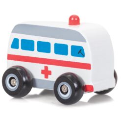 A small white, red and grey wooden push along ambulance.